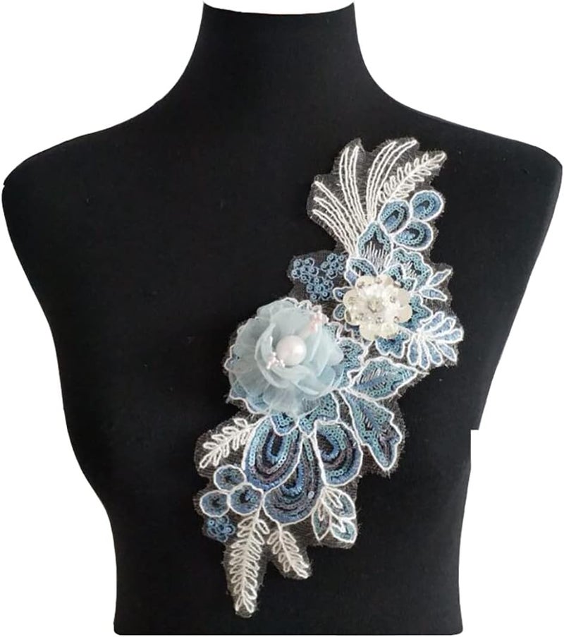 Ruinuo 3D Lace Beads Flower Applique Patches Sew on Patches Floral Embroidered Appliques Colorful Sewing Wedding Dress Handmade Decor Blue - Image 1